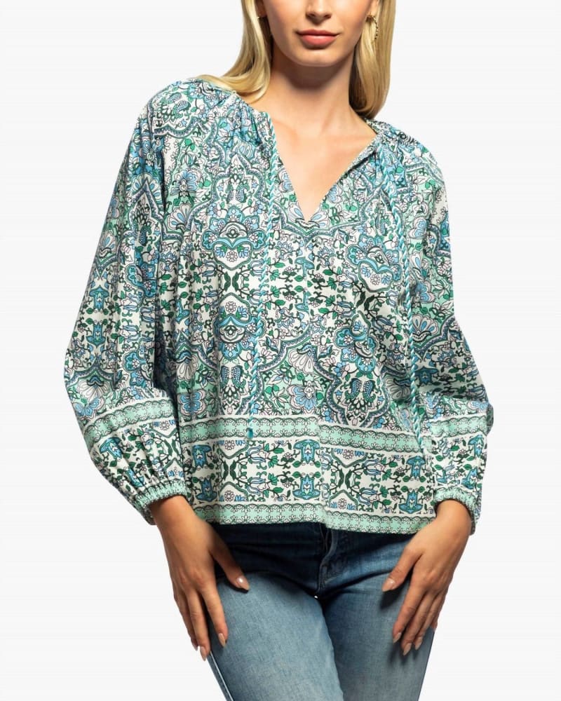 Front of a model wearing a size L Kellen Top in Mint/Blush Multi in Mint/Blush Multi by Shoshanna. | dia_product_style_image_id:333810